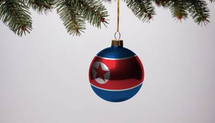 New Year's ball with the flag of North Korea on a Christmas tree branch isolated on white background. Christmas and New Year concept.