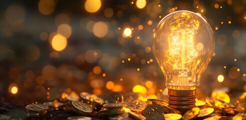Illuminated Light Bulb Amongst Coins Symbolizing Ideas and Investment