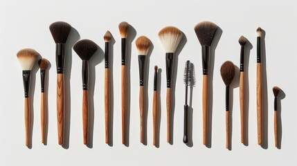 Assorted makeup brushes arranged in a row on a white background. Studio photography with copy space - obrazy, fototapety, plakaty