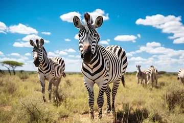 Tuinposter a group of zebras walking across the savanna © Breyenaiimages
