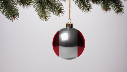New Year's ball with the flag of Peru on a Christmas tree branch isolated on white background. Christmas and New Year concept.