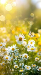 field of daisies sunlit with fluttering butterflies chamomile flowers on a summer meadow in nature panoramic landscape