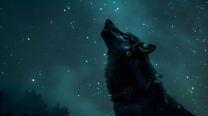 A nocturnal wolf howling beneath a star-studded sky