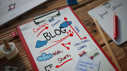 A notepad contains a colorful blog planning diagram with annotations and drawings.