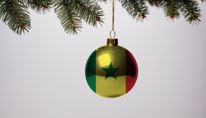 New Year's ball with the flag of Senegal on a Christmas tree branch isolated on white background. Christmas and New Year concept.