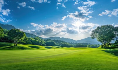 Golf course with mountain and blue sky background.