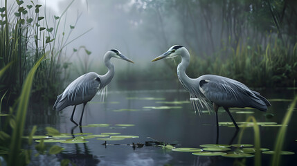 Naklejka premium A pair of elegant herons fishing in a tranquil marsh