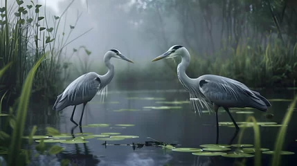 Foto op Plexiglas A pair of elegant herons fishing in a tranquil marsh © Muhammad