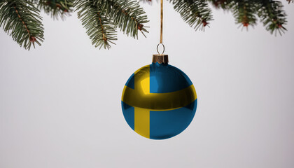 New Year's ball with the flag of Sweden on a Christmas tree branch isolated on white background. Christmas and New Year concept.