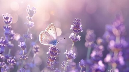 atmospheric photo gentle artistic image violet heather flowers and butterfly in rays of summer...