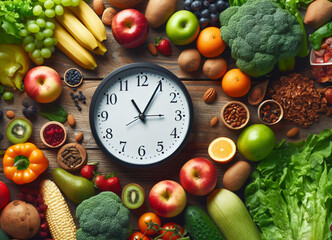 Fresh Konzept, verschiedene frische Obst- und Gemüsesorten liegen rund um eine Uhr, flatlay - obrazy, fototapety, plakaty