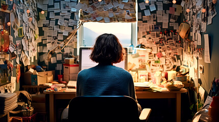 A woman sits at a cluttered desk with a computer monitor in front of her - Powered by Adobe
