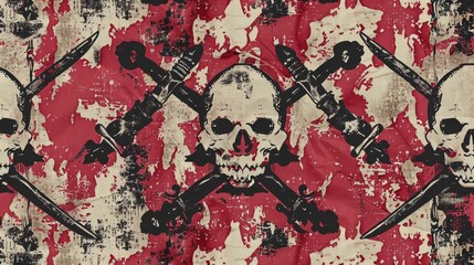 A pirate flag pattern, with stylized skulls, crossed swords, and worn fabric, echoing the pirate history and treasures created with Generative AI Technology
