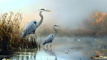 A pair of elegant herons fishing in a tranquil marsh