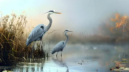 Foto op Plexiglas A pair of elegant herons fishing in a tranquil marsh © Muhammad