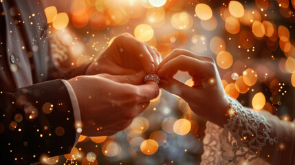 Delicate fingers receive a wedding ring, encapsulating a moment of union and promise. - obrazy, fototapety, plakaty