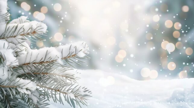 frosted spruce branches and small drifts of pure snow with bokeh christmas lights beautiful winter background image and space for text