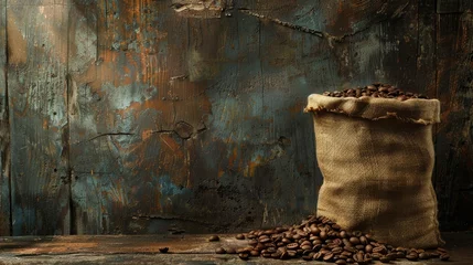 Tuinposter Old Sack of Coffee Grains on Vintage Wall © Custom Media