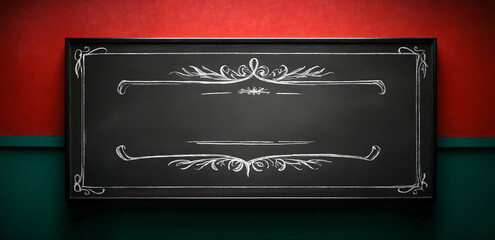 Blank black chalkboard mockup in wooden frame on rustic red green wall