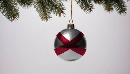New Year's ball with the flag of Alabama on a Christmas tree branch isolated on white background. Christmas and New Year concept.
