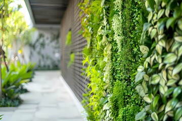 Outdoor garden with green plant and brick wall for background. Ai generated.