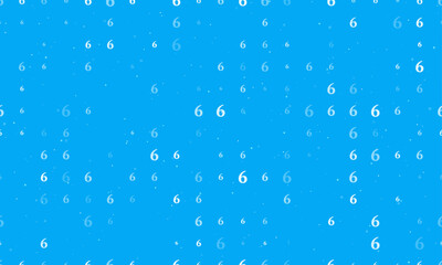 Seamless background pattern of evenly spaced white number six symbols of different sizes and opacity. Vector illustration on light blue background with stars