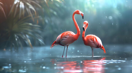 A pair of graceful flamingos wading in a shallow lagoon - obrazy, fototapety, plakaty