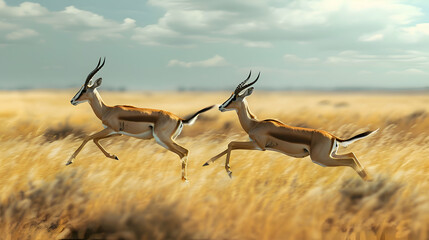 A pair of graceful gazelles leaping through the grasslands