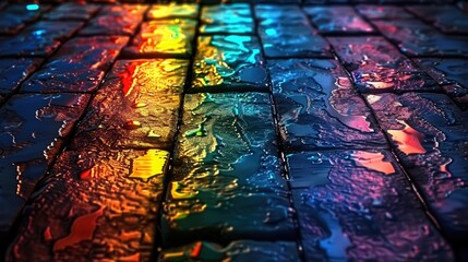 8bit game cobblestone texture, unknown area, colorful, puddles after rain effect