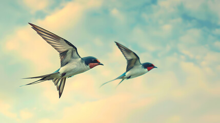 A pair of graceful swallows swooping through the sky