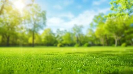 Fototapeta na wymiar bright sunny day beautiful blurred background image of spring nature with a neatly trimmed lawn surrounded by trees against a blue sky with clouds