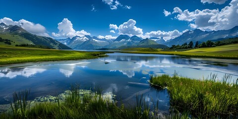a lake in a green meadow and mountains on the horizon