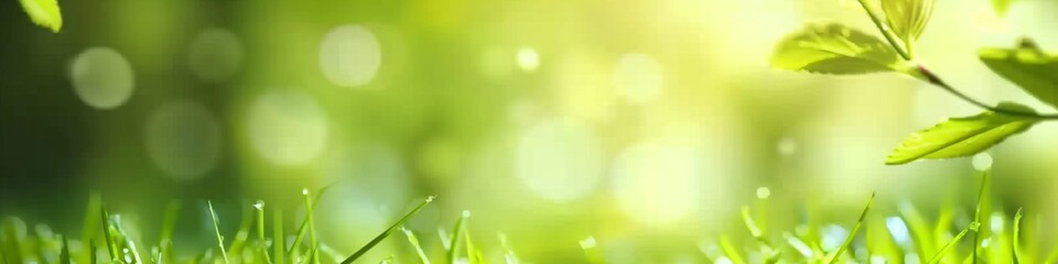 beautiful bokeh young lush green grass and tree leaves in sunlight natural background summer spring with soft focus - Powered by Adobe