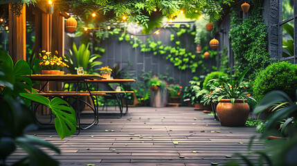 Cozy Outdoor Living Space, Serene Backyard Garden, Wooden Furniture Nestled Among Greenery
