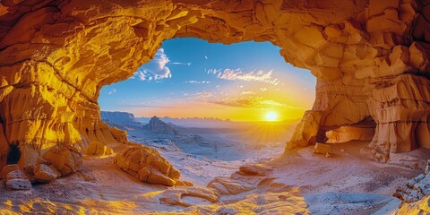 Majestic sunset view through a grand desert arch revealing vast landscapes