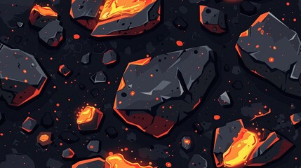 8bit game volcanic ground, random colors, with scattered rocks, glowing lava pools - obrazy, fototapety, plakaty