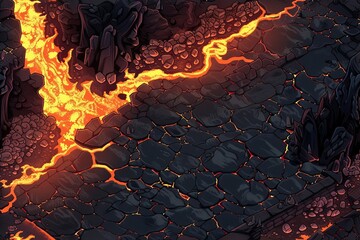 8bit lava floor, random setting, varied colors, pixel bubbles, top perspective