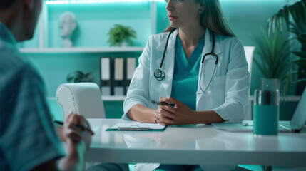 A healthcare professional in a consultation with a patient in a medical office setting.