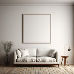 wooden frame with blank white canvas in modern living room, minimalistic, mockup