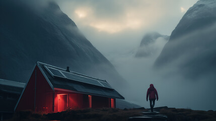 Person walking near a building with red lights glowing in the dark. Misty nighttime landscape high in the mountain, mysterious, eerie atmosphere. Exploring the unknown.