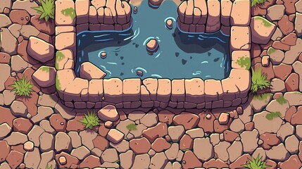 Colorful swamp ground for 8bit game, with pixel water pools, topdown perspective - obrazy, fototapety, plakaty