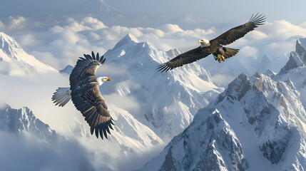 A pair of majestic eagles soaring high above the mountains