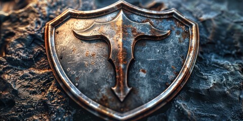 A close-up view of a metal shield lying on a rock surface - obrazy, fototapety, plakaty