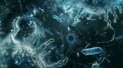 Wide-angle view of blue bacteria and particles. Detailed 3D render. Medical research and health science background
