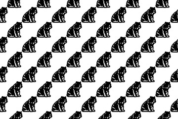 Seamless pattern completely filled with outlines of sitting tiger symbols. Elements are evenly spaced. Illustration on transparent background