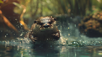 A playful otter sliding down a riverbank into the water