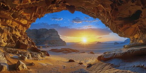 Majestic sunset view through a grand desert arch revealing vast landscapes