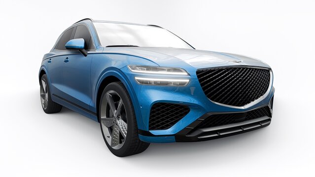 Miami. USA. March 16, 2024. Genesis GV70 2022. Premium light blue metallic Korean SUV car on white background. 3d illustration.