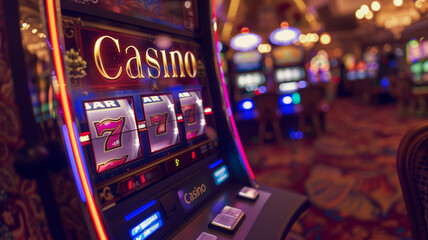Try your luck on a classic casino slot machine with a pile of chips for a winning chance - obrazy, fototapety, plakaty