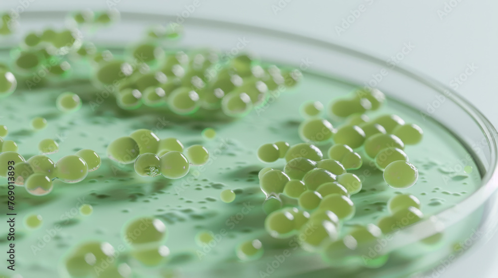 Poster petri dish with clusters of green microalgae under examination in a lab setting.
